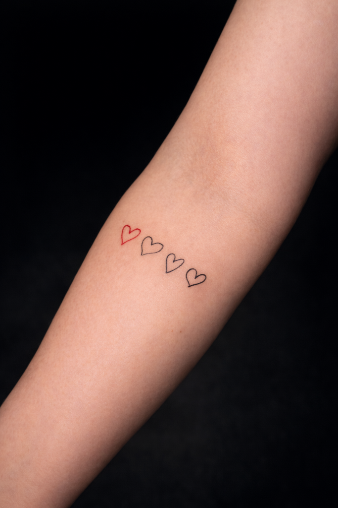 Minimalistisches Herz Tattoo mit roten Fineline Herzen auf dem Unterarm gestochen bei Ink Society Tattoo Studio in Rheda-Wiedenbrück