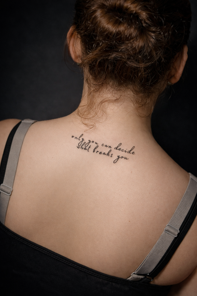 Filigranes Schrift Tattoo auf dem oberen Rücken im Fineline Stil gestochen im Tattoo Studio Ink Society in Rheda-Wiedenbrück