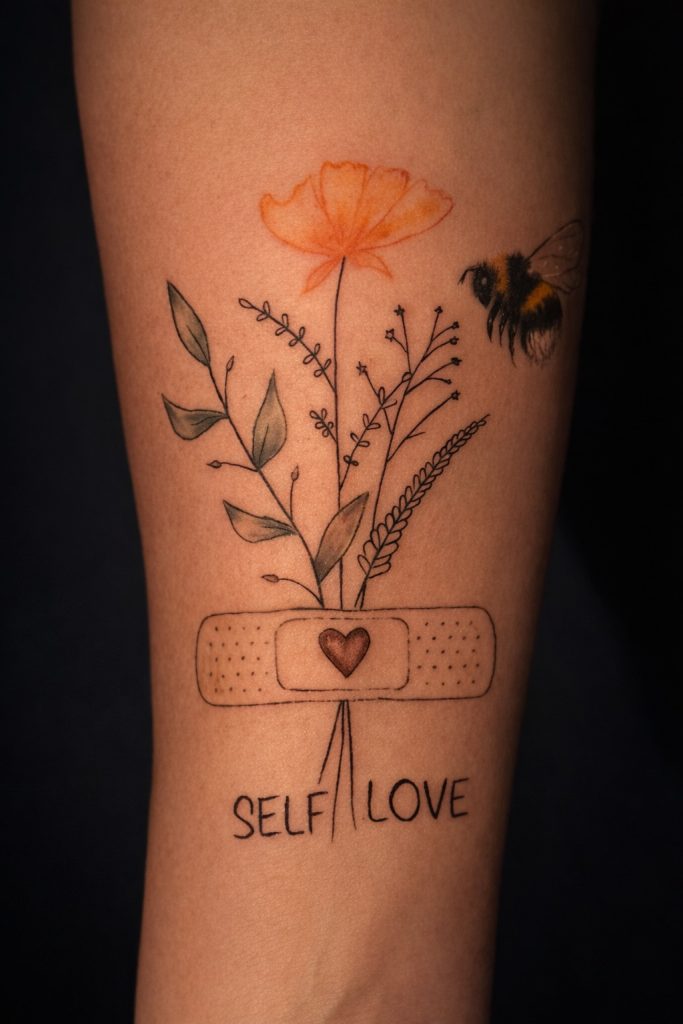 Fineline Tattoo mit Blumenmotiv und Schriftzug Self Love auf dem Unterarm gestochen im Tattoo Studio Ink Society in Rheda-Wiedenbrück