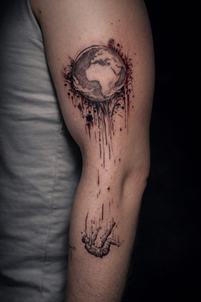 Realistisches Weltkugel Tattoo mit Splash Effekt auf dem Unterarm gestochen im Tattoo Studio Ink Society in Rheda-Wiedenbrück