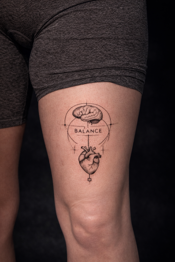 Minimalistisches Tattoo mit Herz und Gehirn Symbol und Schriftzug Balance auf dem Oberschenkel gestochen bei Ink Society in Rheda-Wiedenbrück