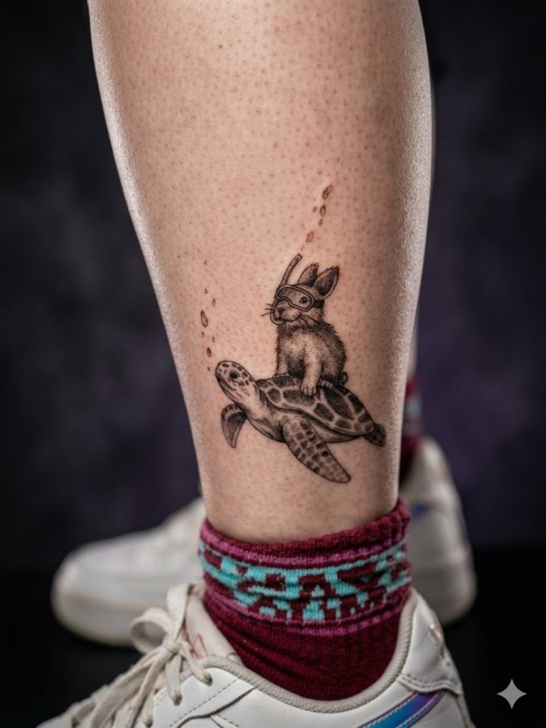 Verspieltes Fineline Tattoo mit Hase auf einer Schildkröte auf dem Unterschenkel gestochen im Tattoo Studio Ink Society in Rheda-Wiedenbrück