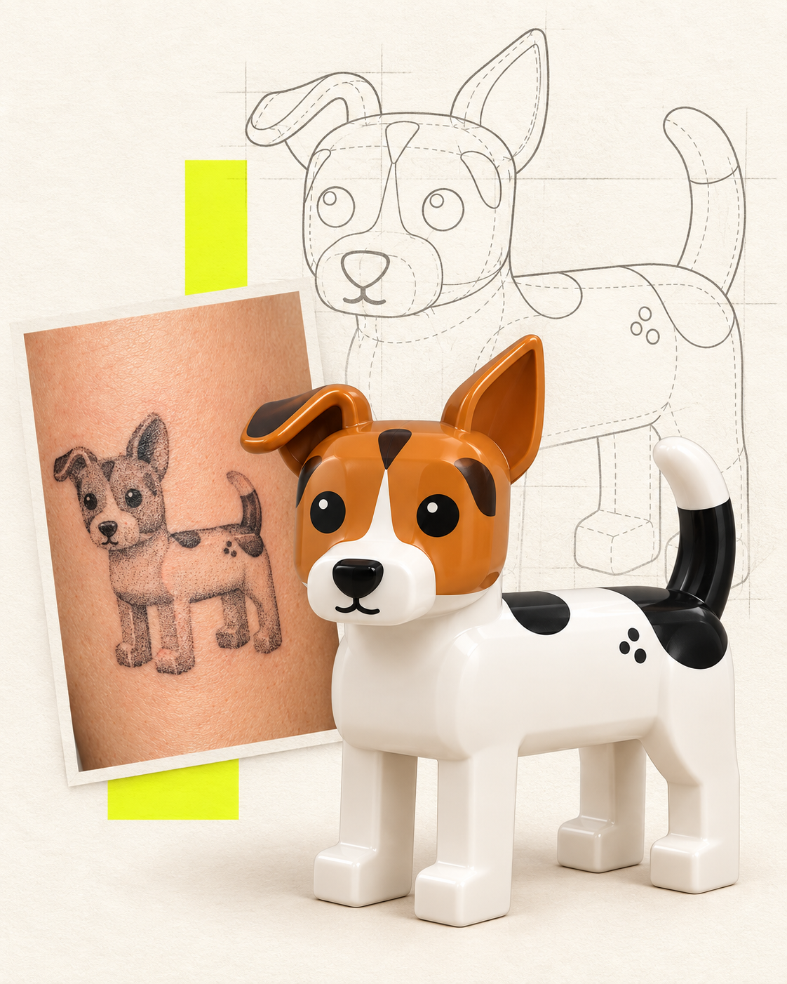 Gerahmtes Block-Portrait eines Jack Russell Terriers mit Farbfigur, Zeichnung und fertigem Tattoo